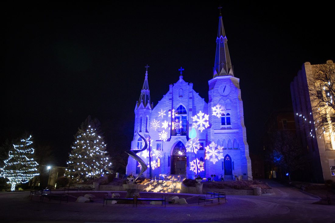 St. John's lit up in blue for Christmas time.