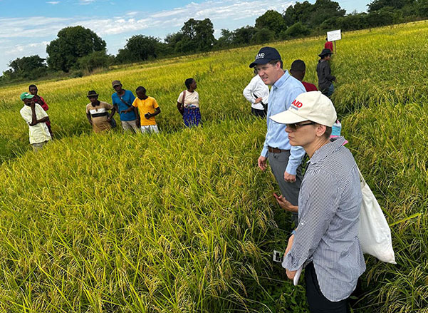 Zach Stewart in field with farmers in Madagascar