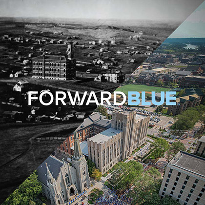 Forward Blue logo on top of photos of campus.