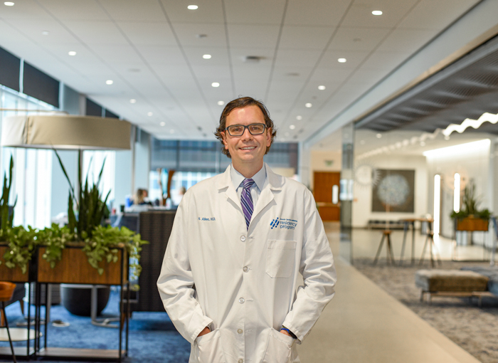 Hunter Allen, MD'22, pictured in the CL and Rachel Werner Center for Health Sciences Education, home of the School of Medicine.