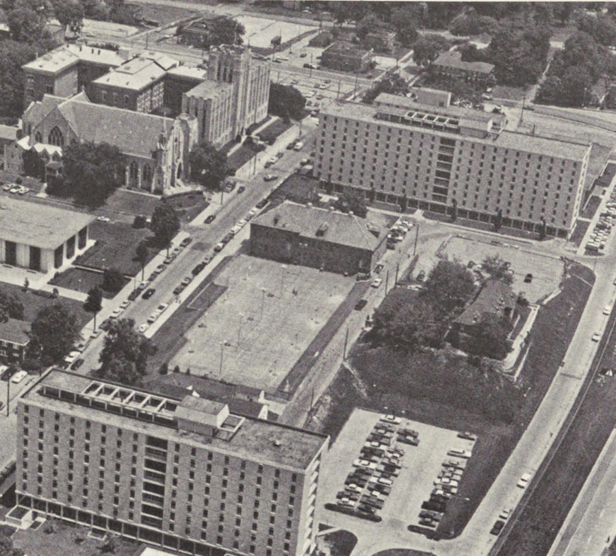 Overhead shot of campus in 1974.