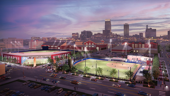 Creighton's future baseball practice field, left, and the softball stadium as seen from north of Cuming Street.