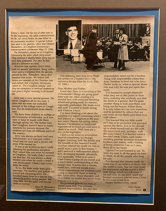 A framed copy of Jerry&rsquo;s letter kept by his brother Terry.