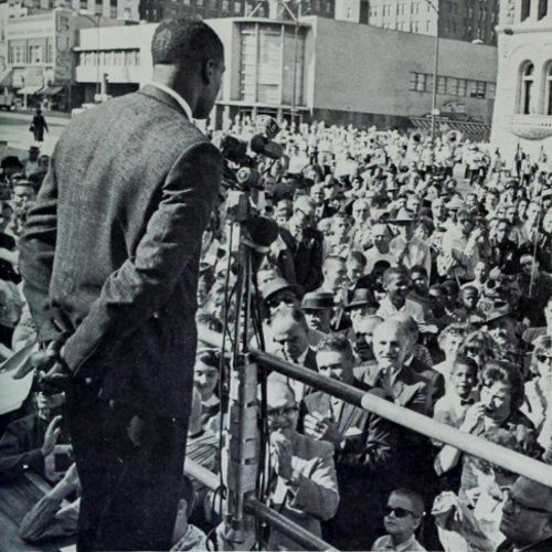 Gibson speaks to the Omaha crowd in front of the courthouse in 1964.