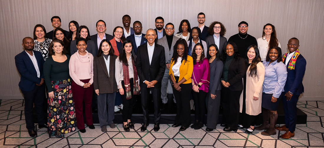 Barack Obama pictured with Jacob Idra and his fellow Obama Foundation Scholars.