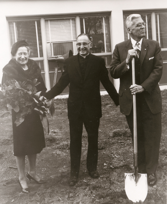 Peter Kiewit, right, with his wife, Evelyn Kiewit, and friend Rev. H.W. Linn Jr., SJ, at the groundbreaking of Kiewit Hall. Peter Kiewit, right, with his wife, Evelyn Kiewit, and friend Rev. H.W. Linn Jr., SJ, at the groundbreaking of Kiewit Hall.
