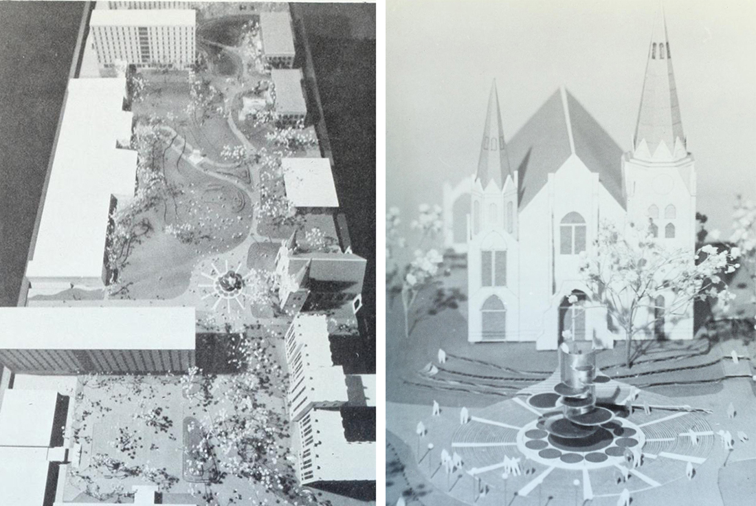 The renderings of the mall and fountain in the 1970s.