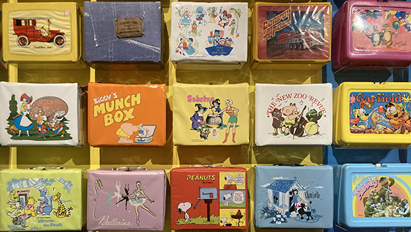 Lunchboxes on the wall of the Durham exhibit.