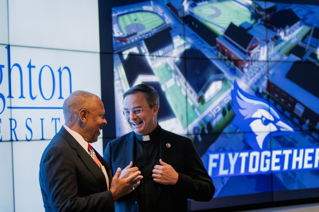 Omaha mayor John Ewing, Jr. and Father Hendrickson at the Fly Together event.