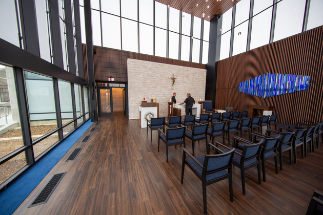 Creighton President the Rev. Daniel S. Hendrickson, SJ, PhD, and Rev. Nicholas Santos, SJ, in the chapel.