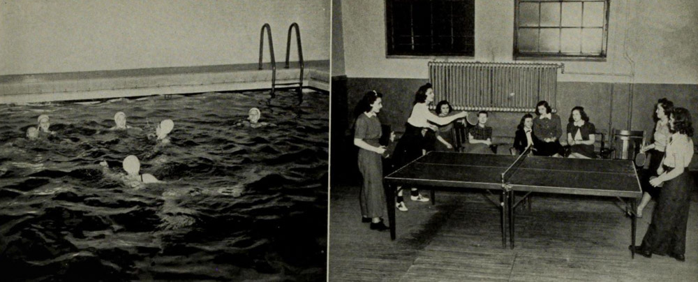 Coeds swimming and playing ping-pong in the Old Gym. 
