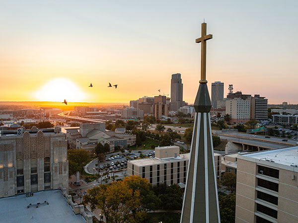 St. John's steeple and Omaha skyline St. John's steeple and Omaha skyline