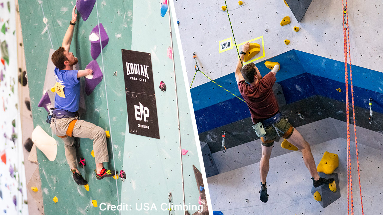 Two photos of an adaptive climber on a rock wall