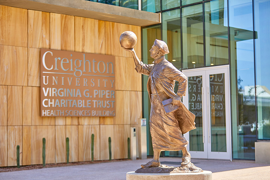 St. Ignatius statue at the entrance of the Creighton health sciences campus in Phoenix.