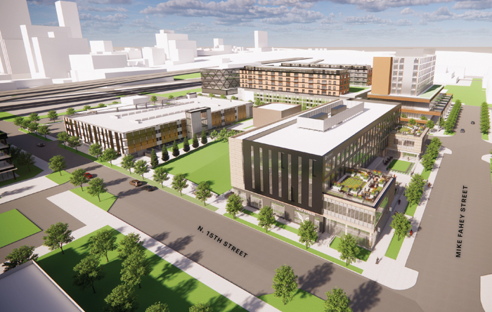 Garage, retail and public space, veiwed facing southwest. Image provided by Noddle Companies.
