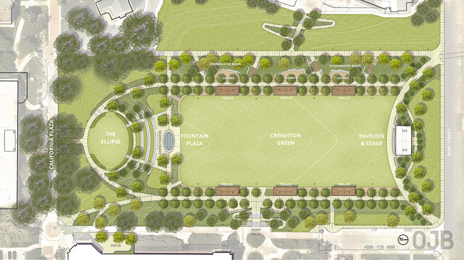 Campus quadrangle site plan. See full-size image below. OJB Landscape Architecture. 
