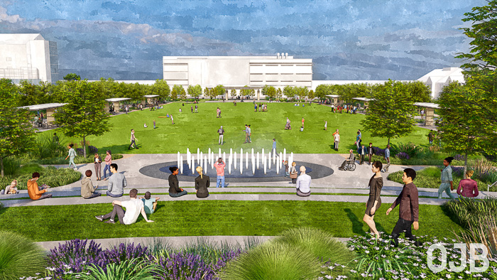 Rendering of the campus quadrangle, facing north from the Mall. OJB Landscape Architecture.