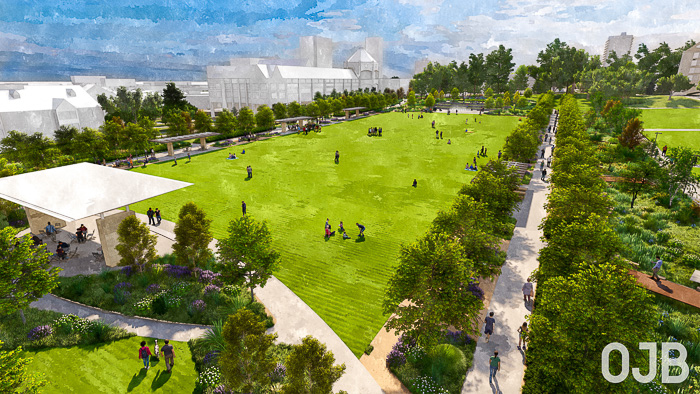 The campus quadrangle, facing southeast from Burt Street. OJB Landscape Architecture.