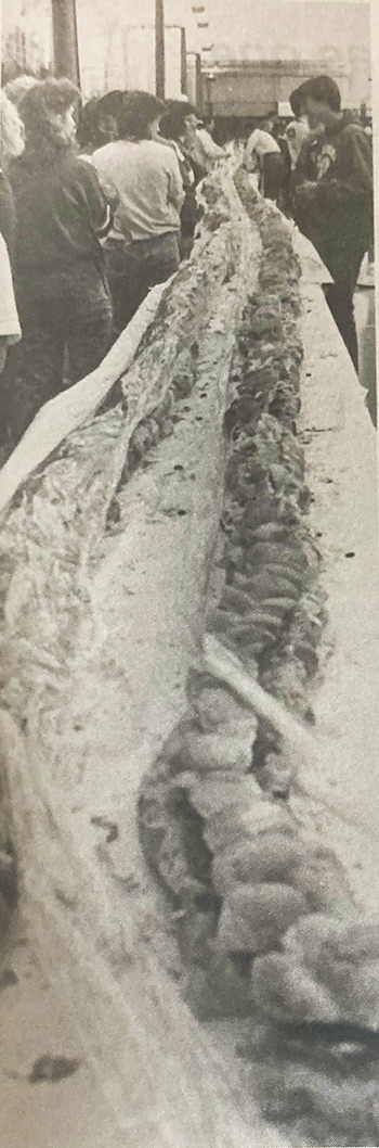 Students make an 1,100-foot-long sandwich in the KFC gym in 1988.
