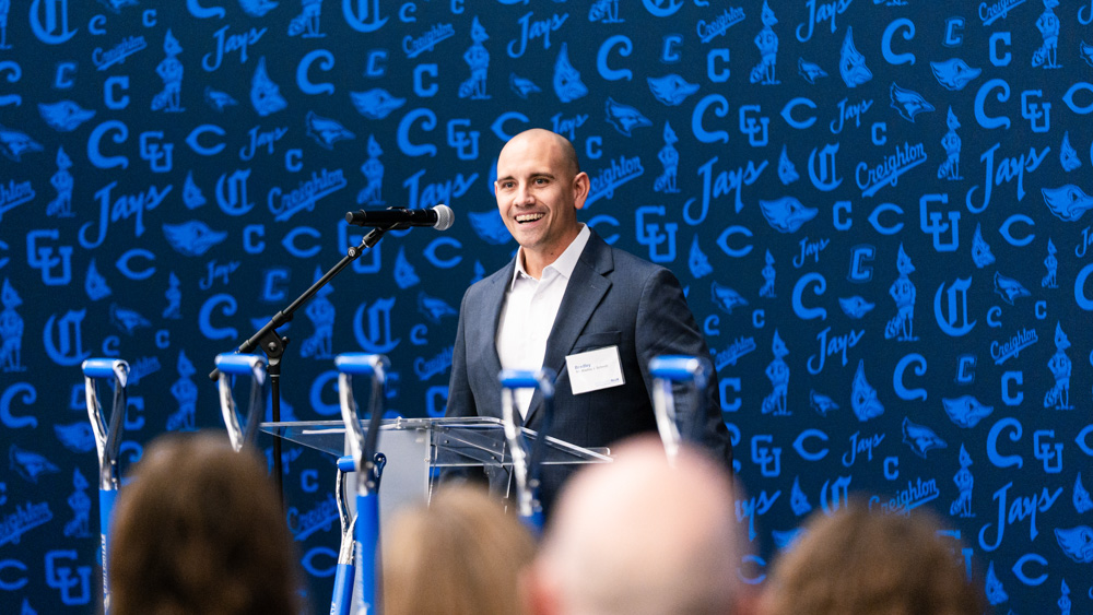 Brad Schmidt speaks at the Sports Performance Center groundbreaking event.