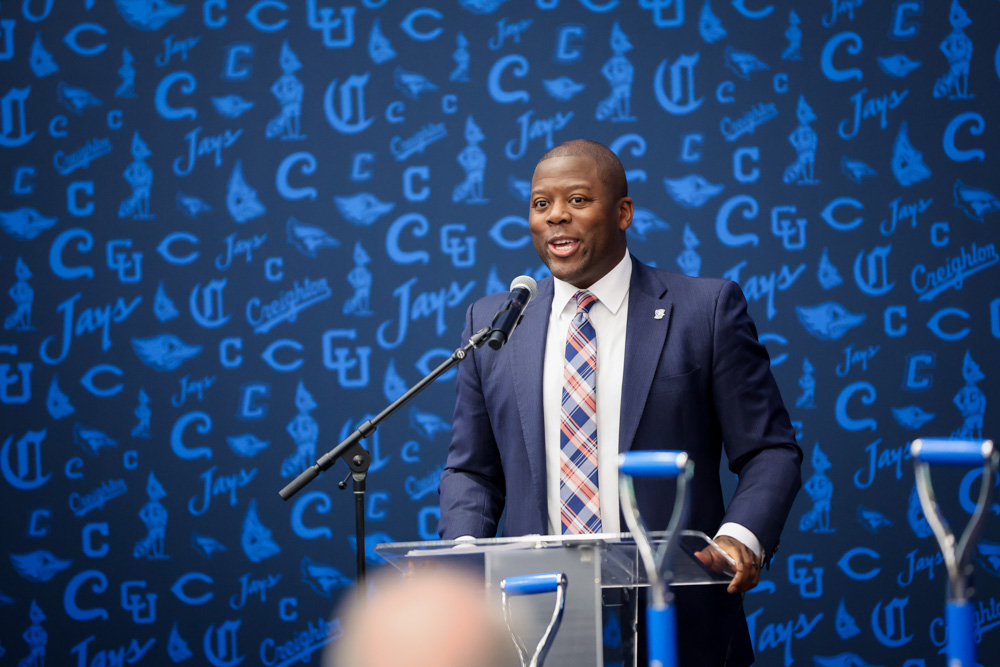 Marcus Blossom speaks at the Sports Performance Center groundbreaking event.