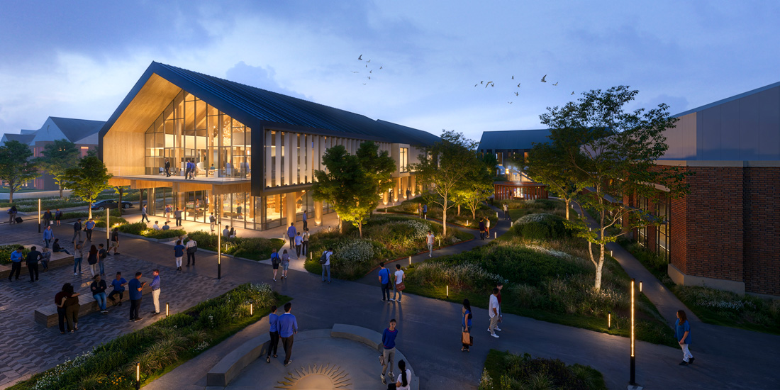 A rendering of the Sports Performance Center at night.