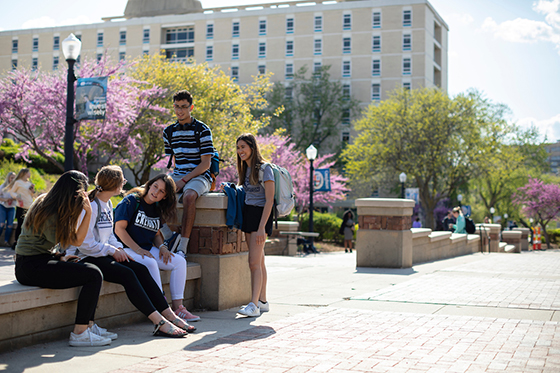 Students sitting around the mall when campus is in bloom for spring Students sitting around the mall when campus is in bloom for spring