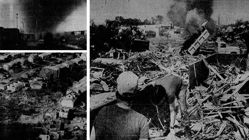 A collage of black and white photos of a tornado and its damage