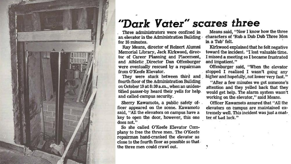 An image of an elevator shaft and a newspaper clipping