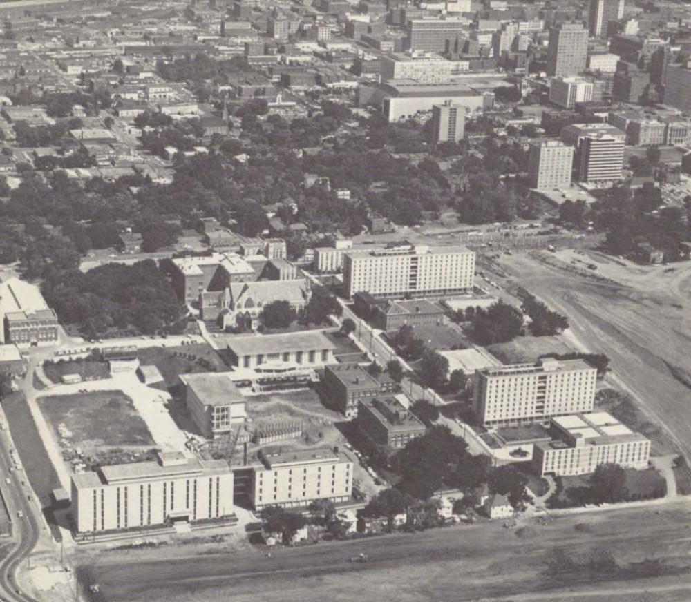 Aerial view of campus in the 1960s