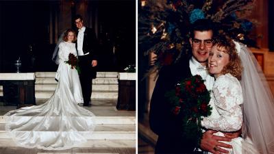 Two photos of a couple at a wedding