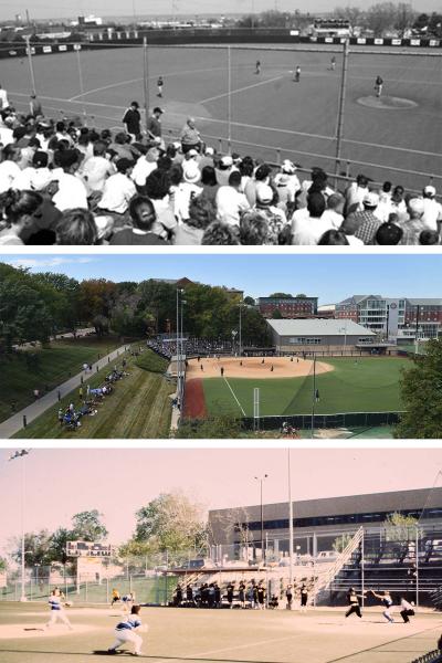 Three photos of a baseball and softball complex