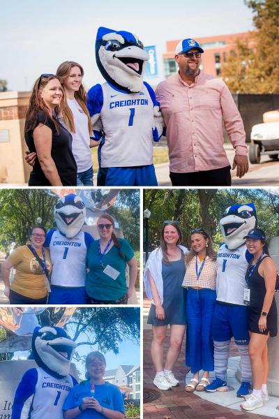 A collage of people posing with a mascot