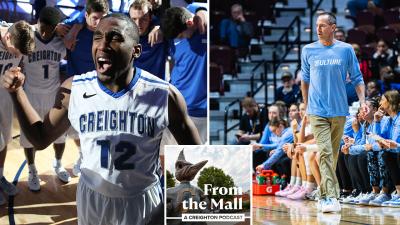 Two photos; a basketball player gets hype in a huddle and a coach stands on the slideline