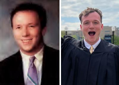 An old yearbook photo of a dad and a recent photo of a son on graduation day