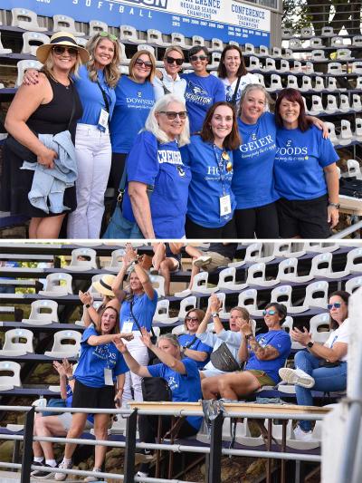 Two photos of softball alumni in the stands