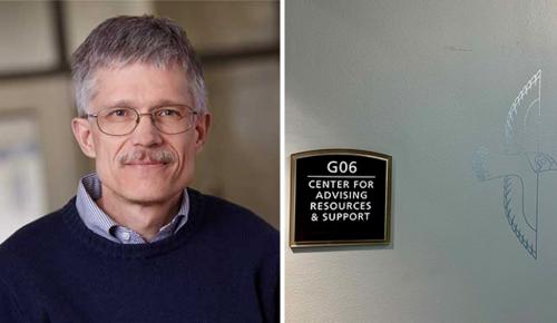 An image of a man and an image of a wall sign