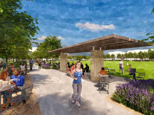 A rendering of a new campus park