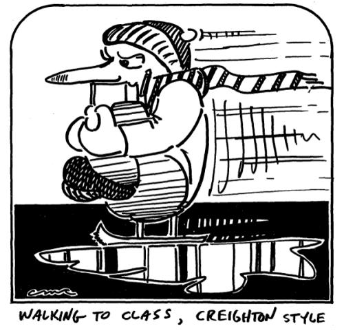 A student newspaper comic about ice-covered sidewalks
