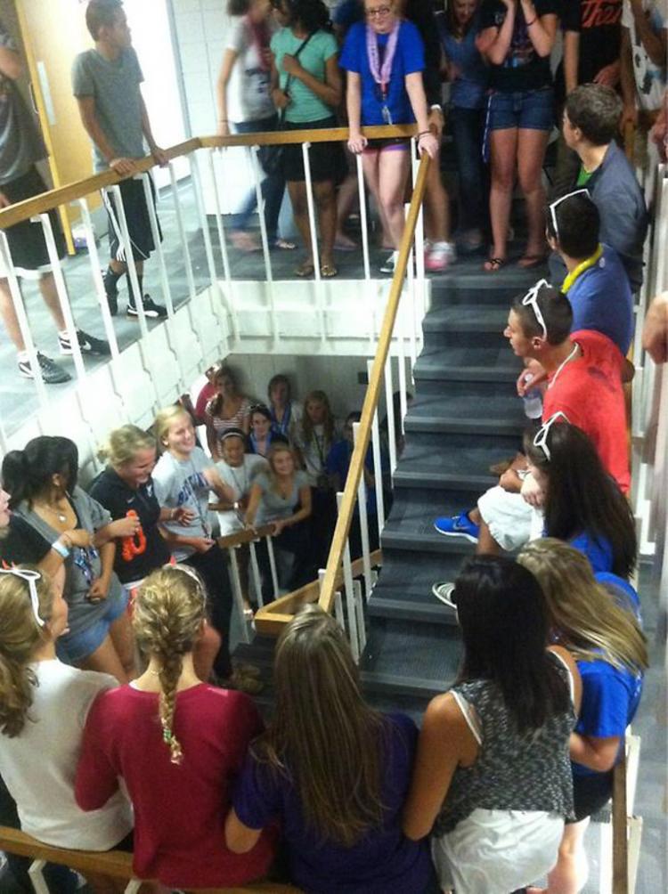Students jam a stairwell in Kiewit