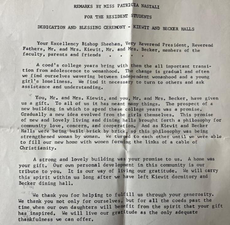 An image of a speech delivered by Pat (Nastali) Alea in 1966