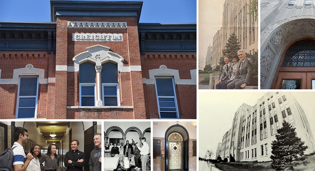 A collage of photos of an old building