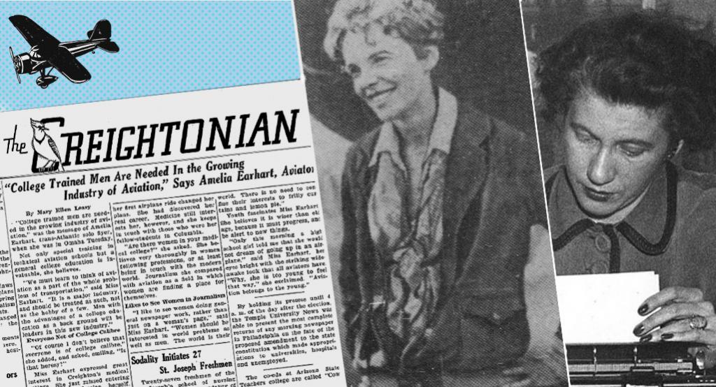 Photo collage of an old newspaper article, Amelia Earhart and a journalist
