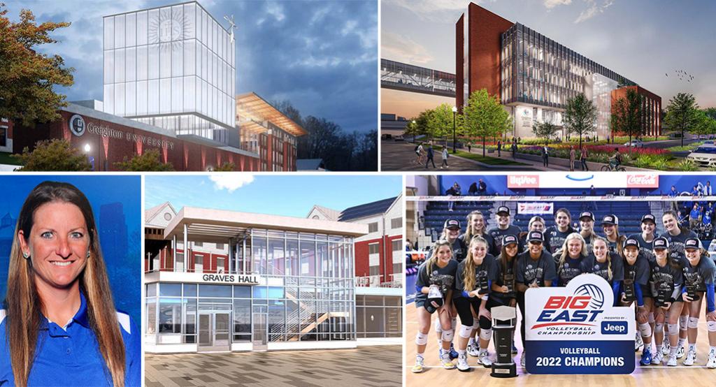 Multiple images of things to be excited about in 2023, including images of the Werner Center, Graves Hall and the new Jesuit Residence.