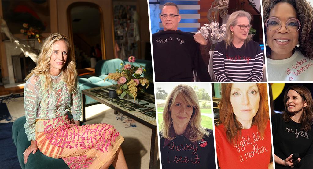 A photo collage of a fashion designer and her custom sweaters wore by celebrities