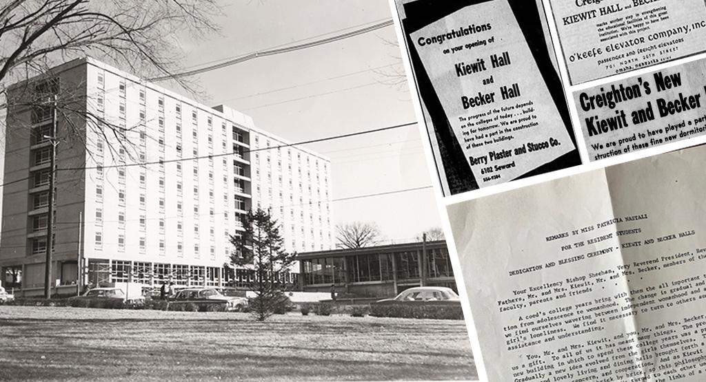 A collage of photos related to Kiewit Hall's dedication in 1966