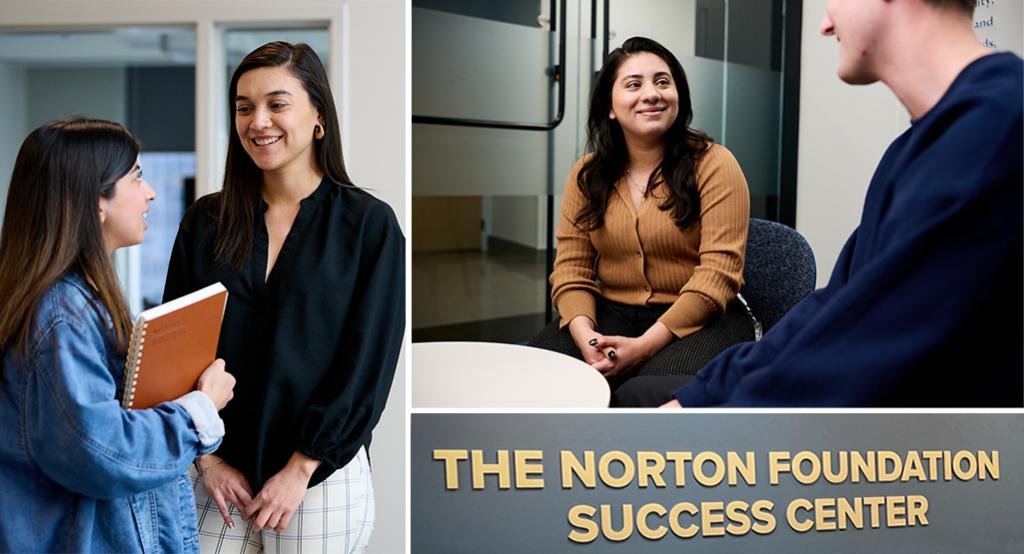 Images of student and staff member talking in Success Center.