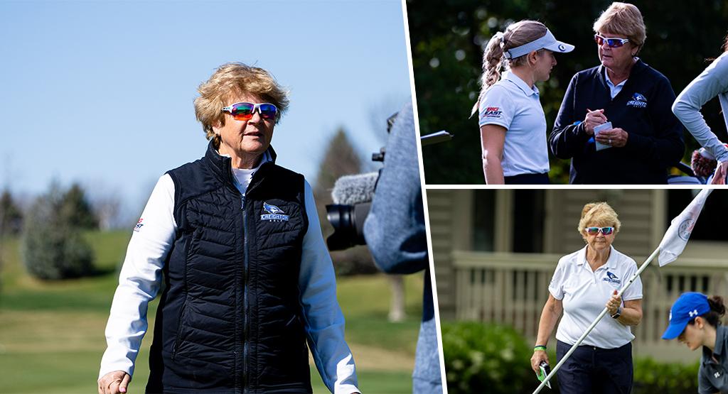 A collage of photos of a women's golf coach