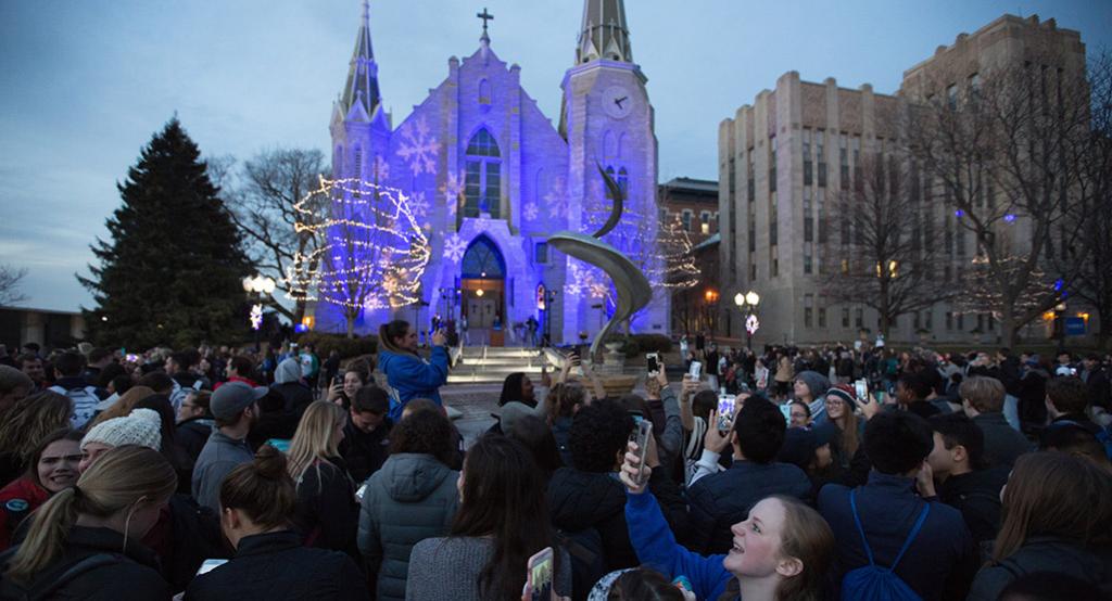 St. John's lit up in blue for Christmas time.