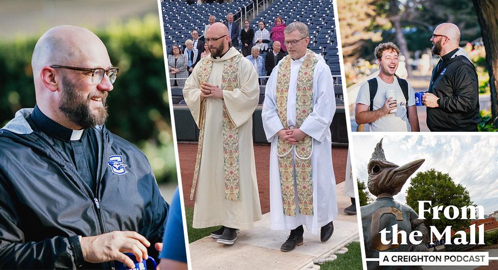 A podcast graphic and photos of a priest